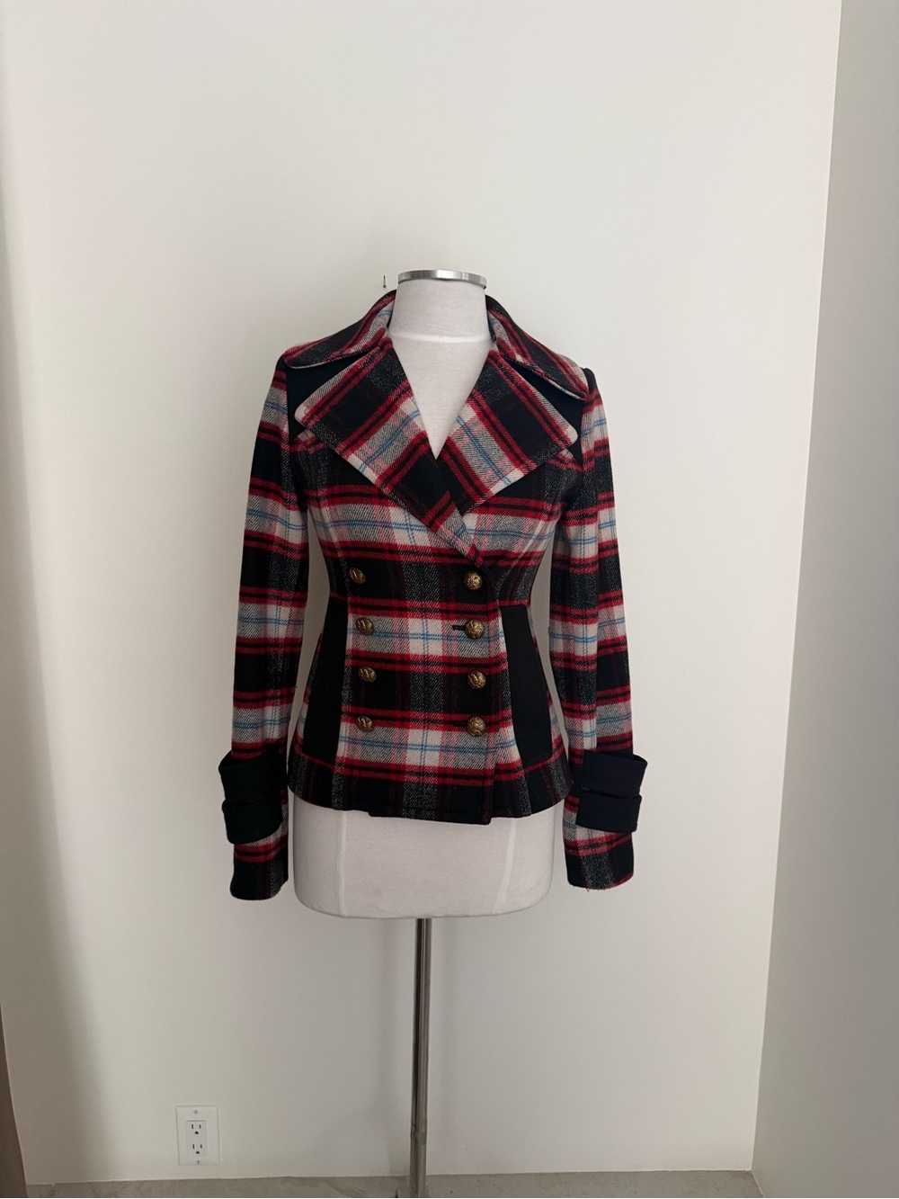 Smythe Red, Black and White Plaid Double-Breasted Pea Coat